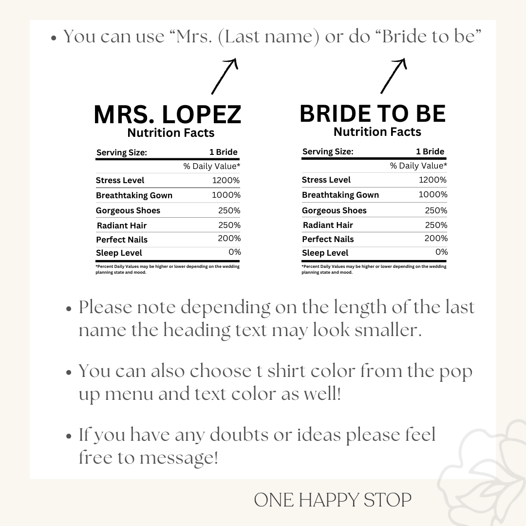 Personalized Bride to Be Nutritional  Facts T-Shirt