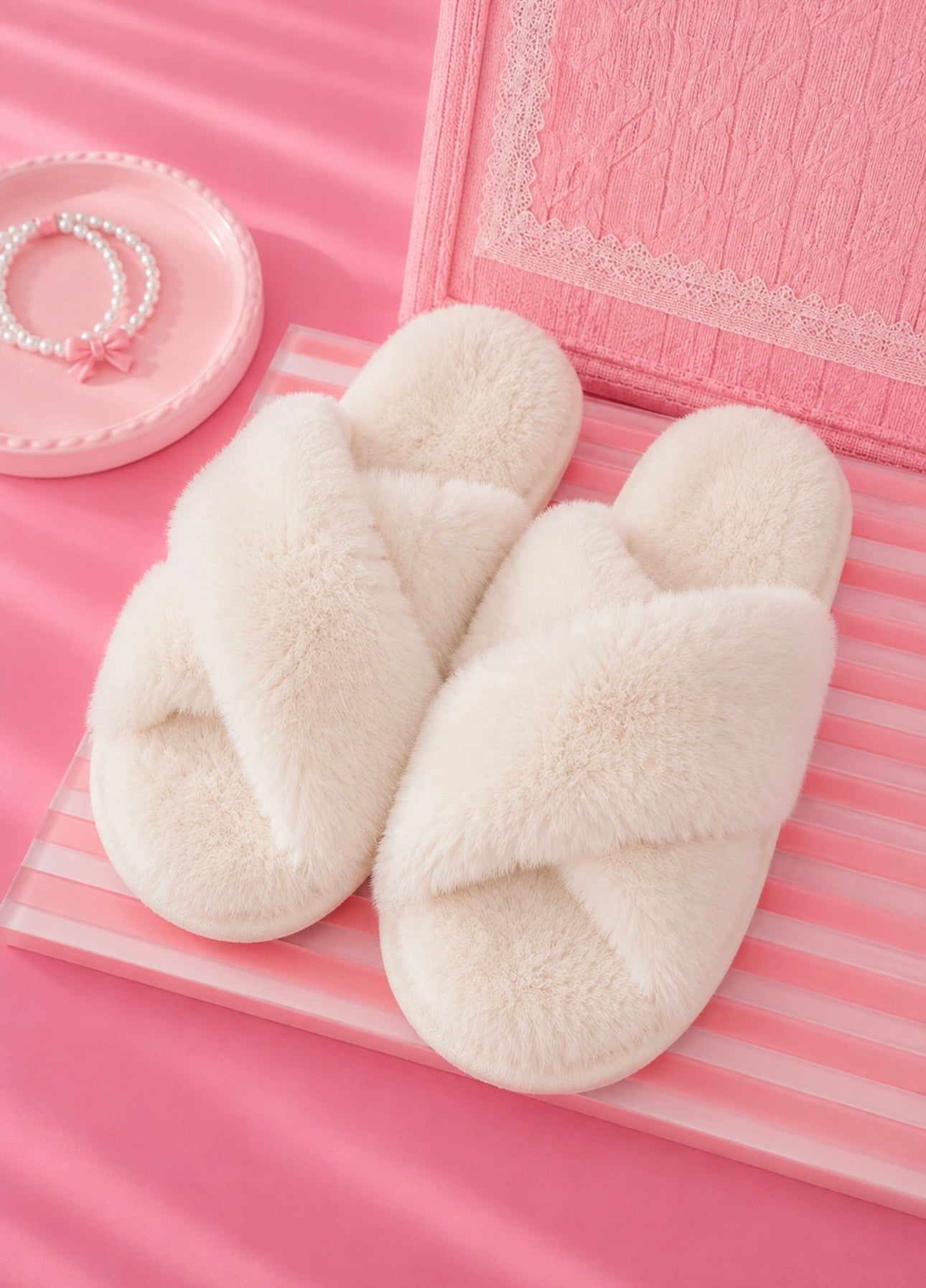 Bridal Cloud Croosband Fluffy Slippers